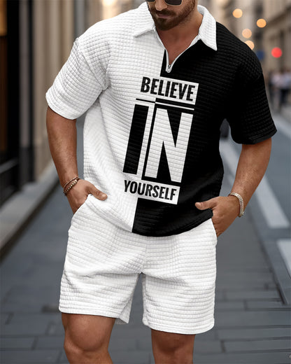 Men's Waffle Texture Summer Polo Shirt Set 135