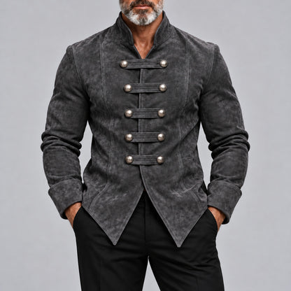 Men's Burgundy Suede Stand Collar Metal Button Slim Fit Vintage Hussar Jacket