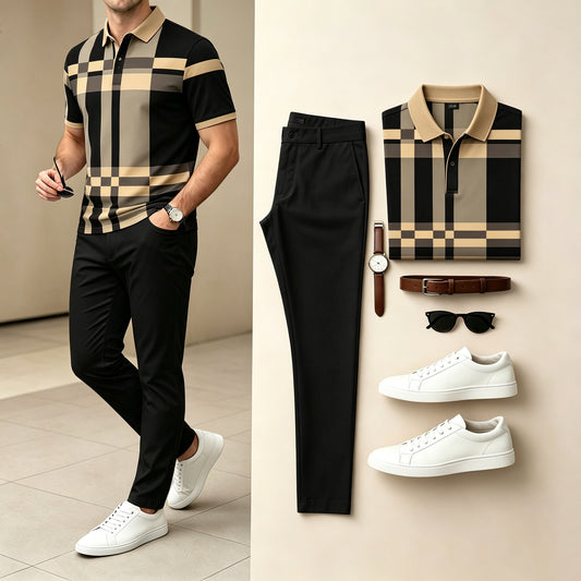 Men's Casual Khaki & Black Color Matching Color Matching Short Sleeves Polo Shirt & Pants Two Piece Set
