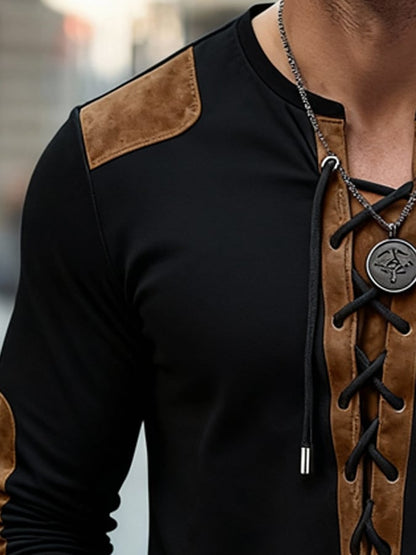 Men's Vintage Suede Patchwork T-Shirt with Tie-Neck Detail