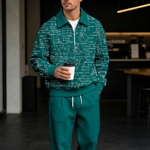Men's Graphic Print Zipper Polo Shirt and Pants Set