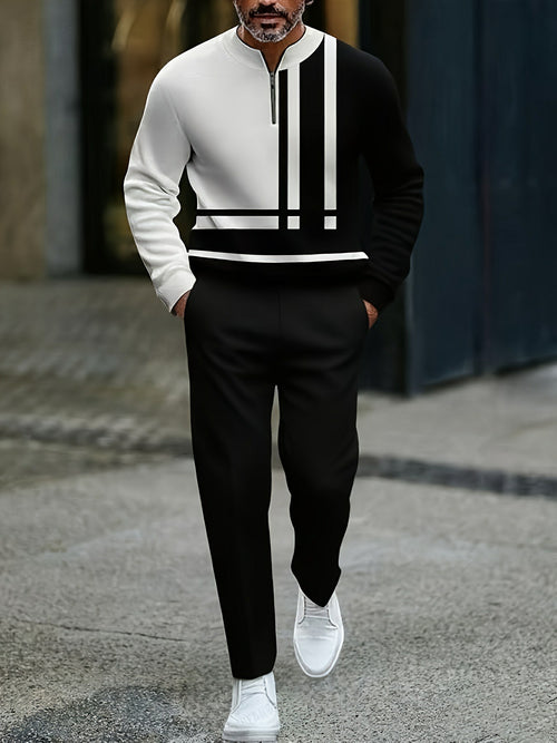 Men's Casual Black & White Color Matching Striped Printed Round-Neck Zipper Long Sleeved Trousers Two-Piece Set