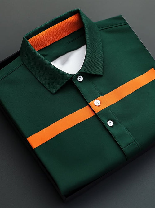 Men's Business Casual Green Orange Color Block Button Short Sleeve Polo Shirt