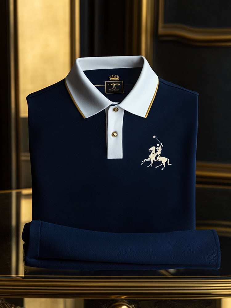 Men's Classic Business Check Logo Button Short Sleeve Polo Shirt