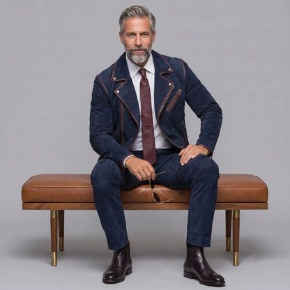 Men's Classic Navy Blue Suede Contrast Piping Asymmetrical Zipper Slim Fit Jacket