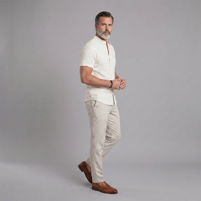 Men's Short-Sleeve Shirt with Stand-Up Collar: Lightweight, Breathable, and Textured