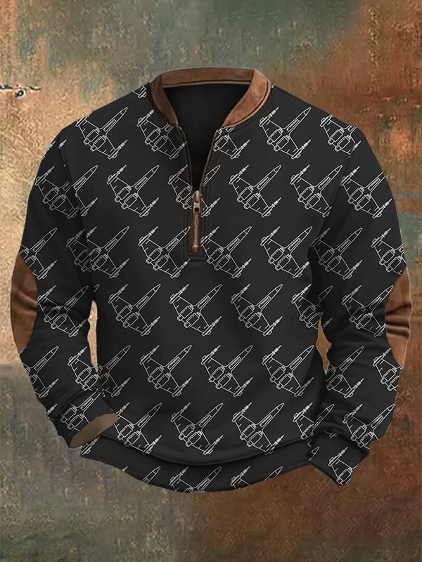 Men's Fashion Casual Airplane Print Zipper Neck Sweatshirt