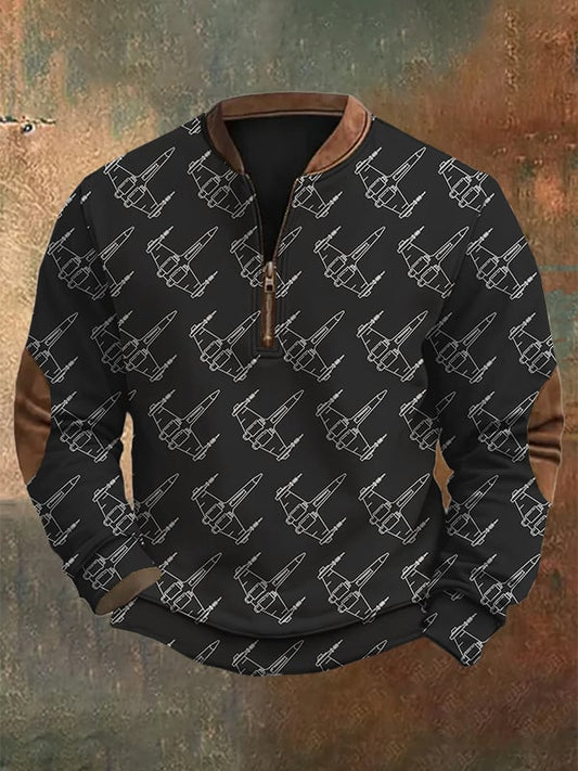Men's Fashion Casual Airplane Print Zipper Neck Sweatshirt