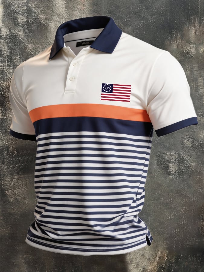 Men's Retro Patriotic Color-Block Short-Sleeve Polo Shirt
