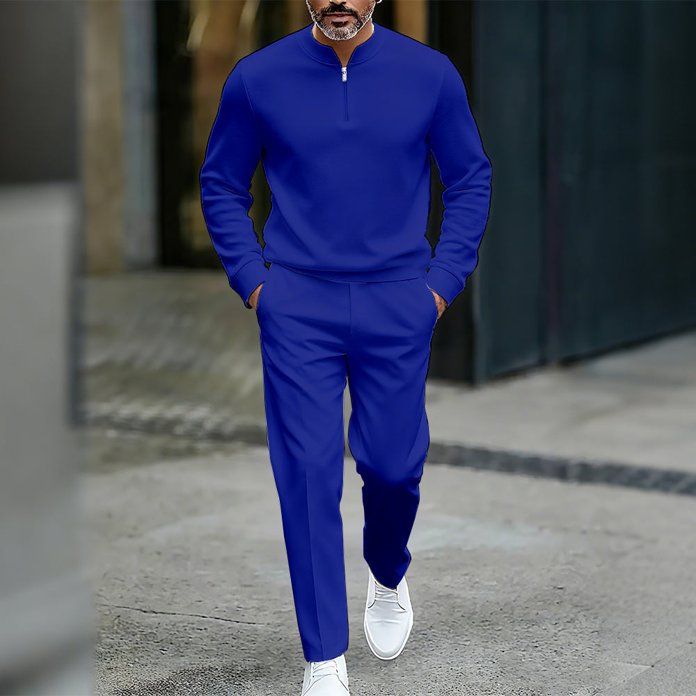 Men's Casual Solid Color Round-Neck Zipper Long Sleeved Trousers Two-Piece Set