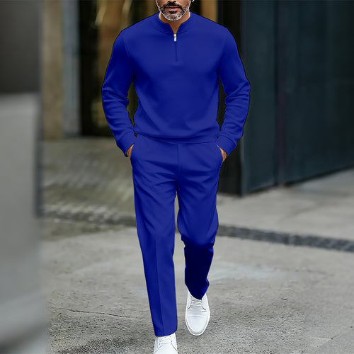 Men's Casual Solid Color Round-Neck Zipper Long Sleeved Trousers Two-Piece Set