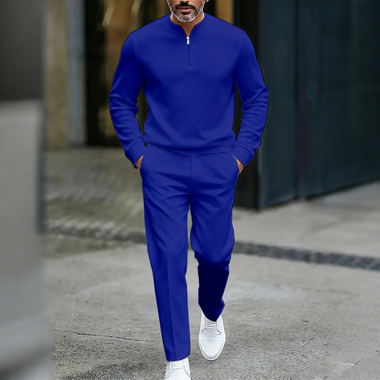 Men's Casual Solid Color Round-Neck Zipper Long Sleeved Trousers Two-Piece Set