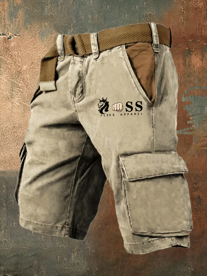 Men's Retro Letter Print Cargo Shorts (Belt Not Included)
