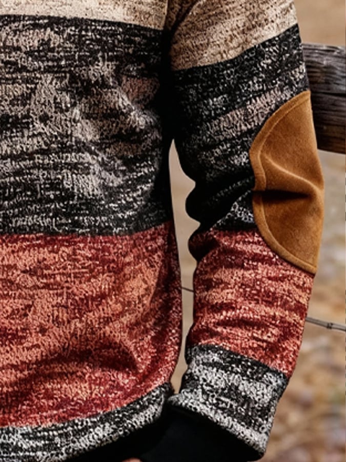 Men's Retro Color Block Print Zipper Sweatshirt