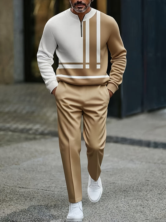 Men's Casual Tan & White Color Matching Geometric Printed Round-Neck Zipper Long Sleeved Tops & Trousers Two-Piece Set