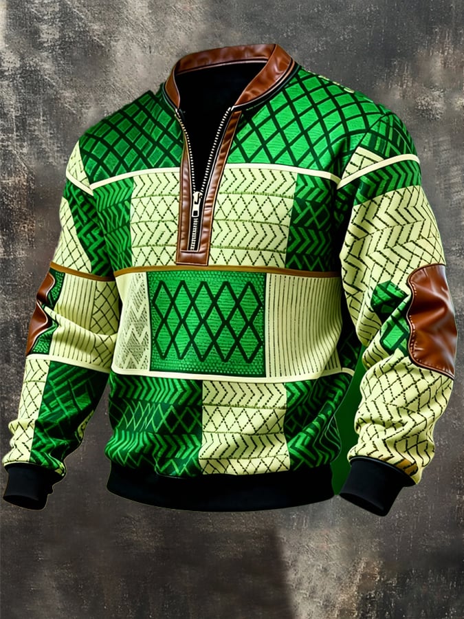 (Detachable Shamrock Brooch Included) Men's Casual St. Patrick's Day Color-Block Half-Zip Stand-Collar Long-Sleeved Sweatshirt