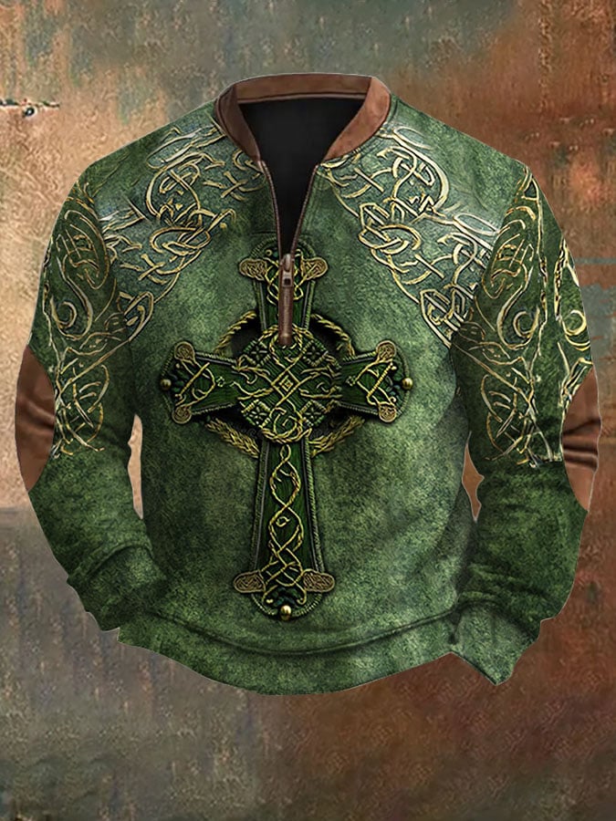 Men'S Western Distressed Hot Print 1/4 Zipper Stand Collar Long Sleeve Sweatshirt