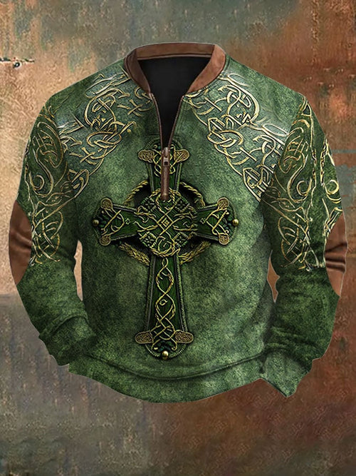 Men'S Western Distressed Hot Print 1/4 Zipper Stand Collar Long Sleeve Sweatshirt