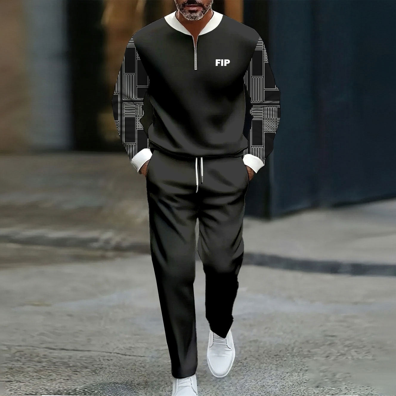 Men's Casual Black & White Color Matching Checked Printed Round-Neck Zipper Long Sleeved Trousers Black Two-Piece Set