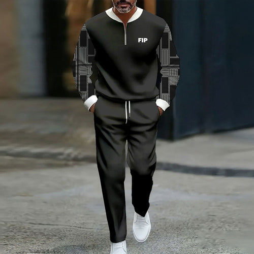 Men's Casual Black & White Color Matching Checked Printed Round-Neck Zipper Long Sleeved Trousers Black Two-Piece Set