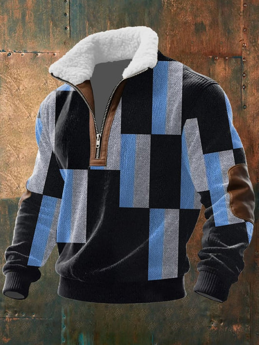 Men's Retro Western Texture Print Knit Fabric Zipper Fur Collar Long Sleeve Sweatshirt
