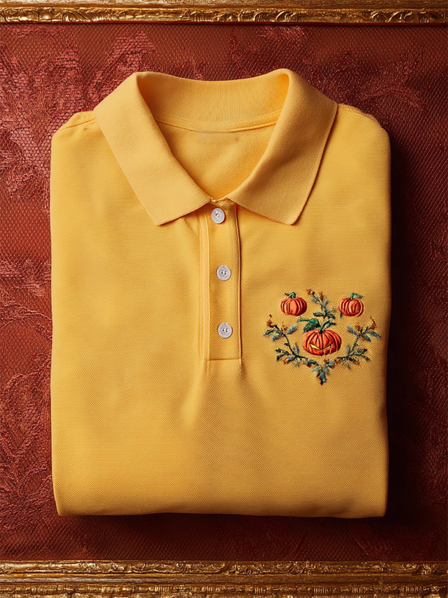 Men's Casual Business Halloween Pumpkin Art Button Short Sleeve Polo Shirt