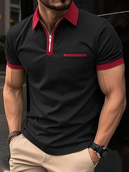 Color-Block Geometric Print Lapel Zipper Pullover Casual Polo Shirt