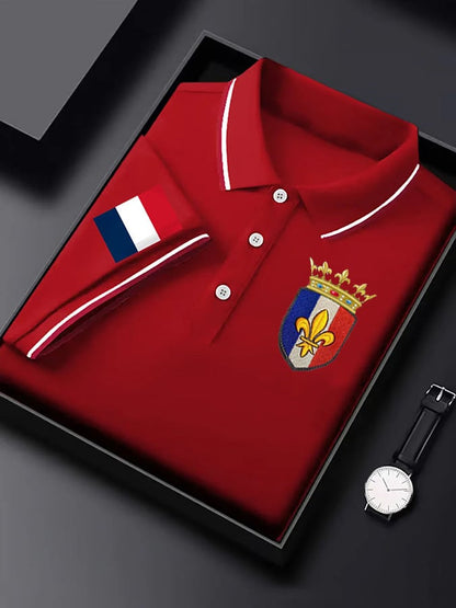 Men's Short-Sleeved French Badge Printed Button-down POLO Shirt