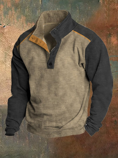 Men's Fleece Retro Color Patchwork Stand Collar Sweatshirt