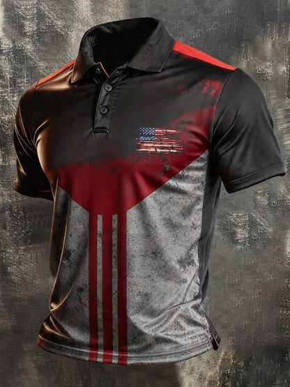 Men's Retro Patriotic Color-Block Short-Sleeve Polo Shirt