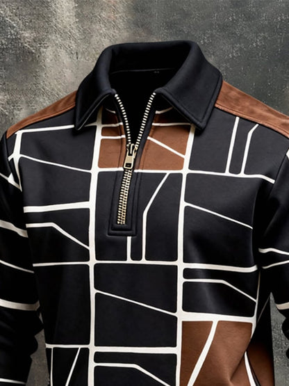 Men's Retro Color Block Print Color-Blocked Zip-Up Sweatshirt