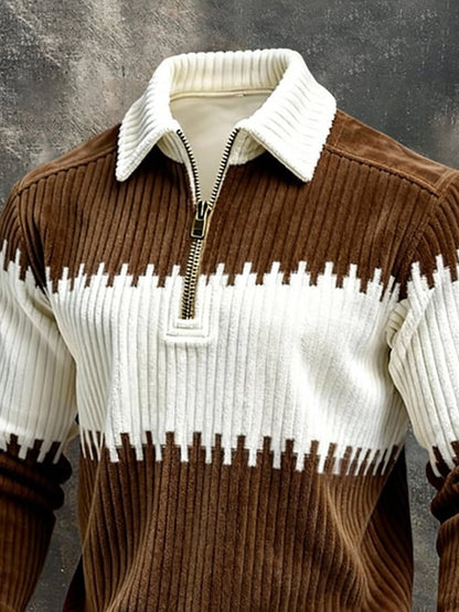 Men'S Vintage-Style Textured Patchwork Color-Block Long-Sleeved Sweatshirt