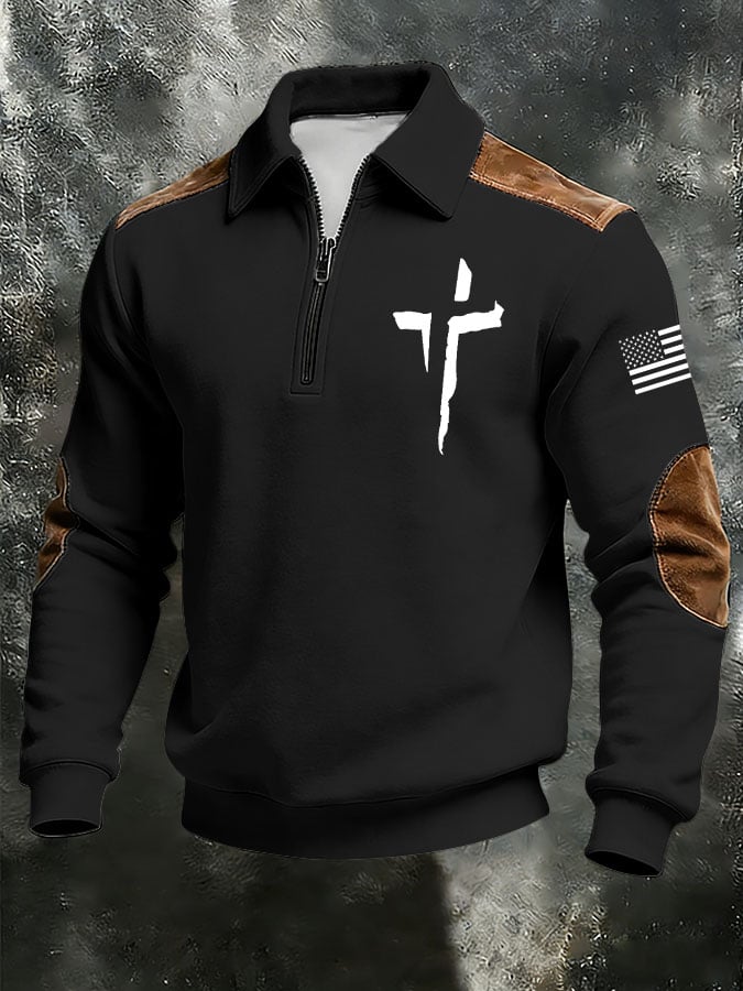 Men's vintage Faith Cross Print Casual Zipper Sweatshirt-Fast Shipping