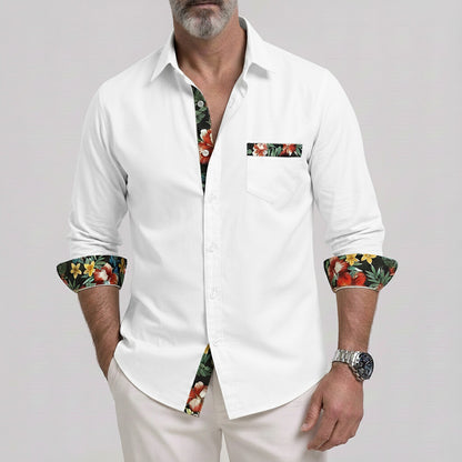Men's Tropical Floral Print Contrast Trim Patch Pocket Vacation Long Sleeve Shirt