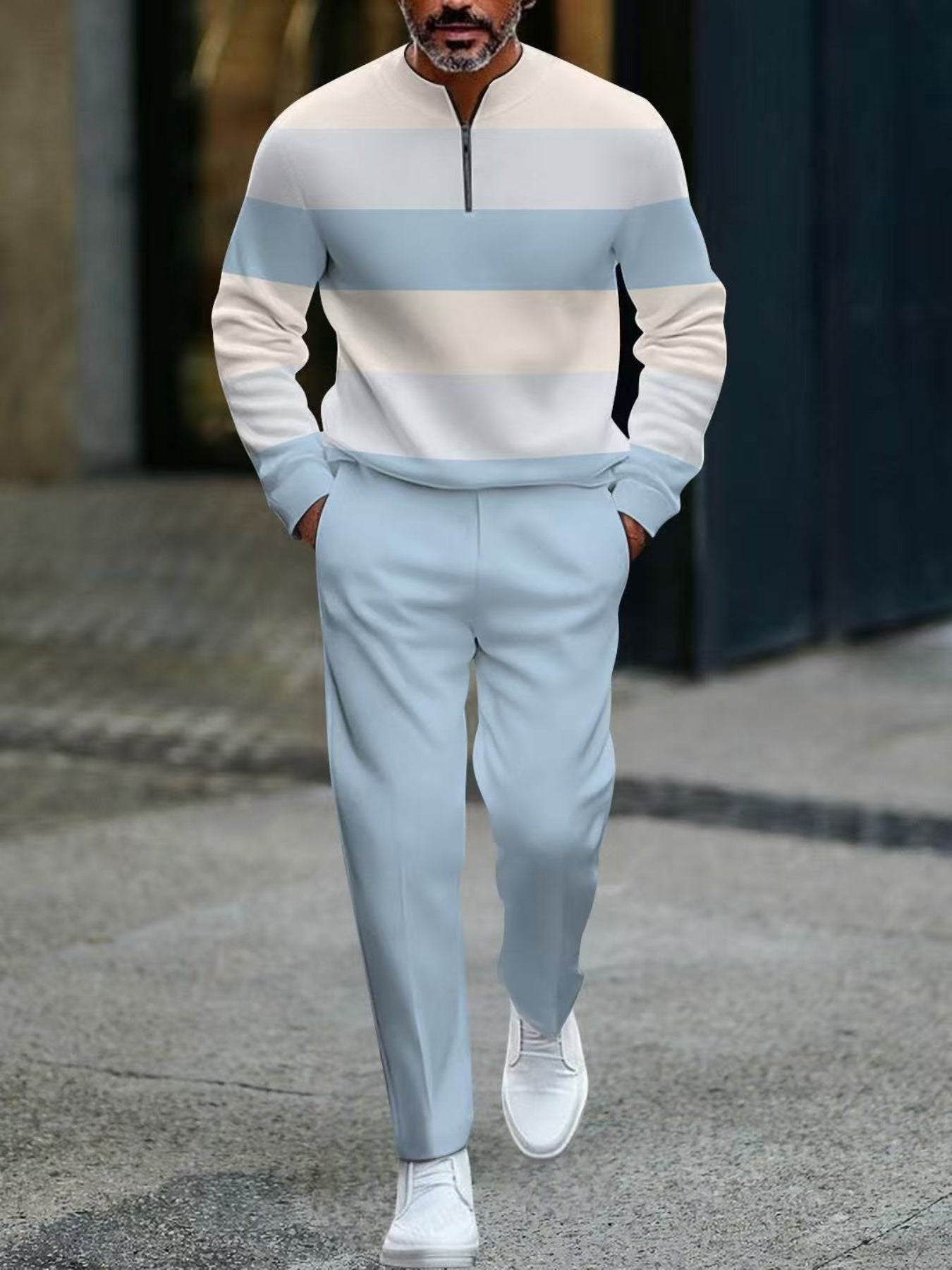 Men's Casual Light Blue & White Color Matching Striped Printed Round-Neck Zipper Long Sleeved Tops & Trousers Two-Piece Set