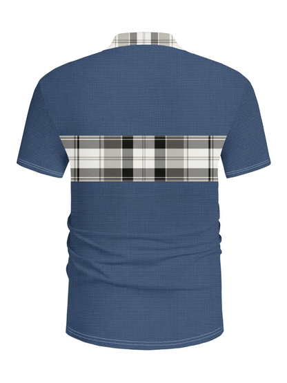 Men's Business Stripe Logo Button-Down Short Sleeve Polo Shirt