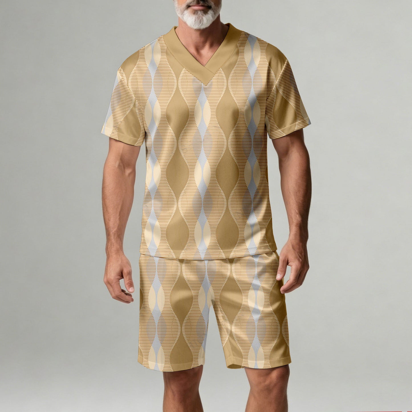 Men's Casual Geometric Print V-Neck Short-Sleeve T-Shirt And Shorts Two-Piece Set