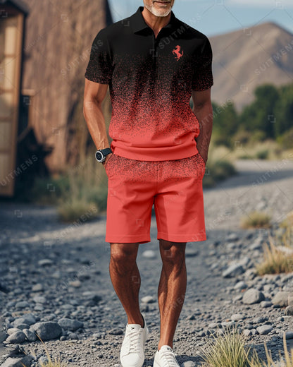 Men's Gradient Colorblock Summer Polo Short Sleeve Shorts Suit 01