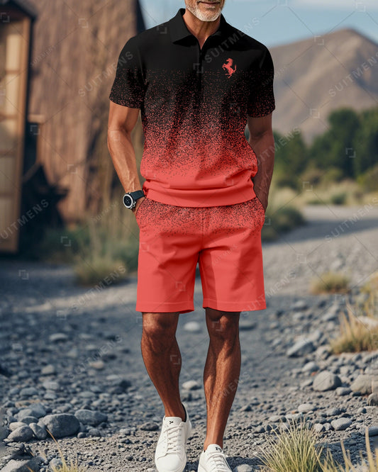 Men's Gradient Colorblock Summer Polo Short Sleeve Shorts Suit 01
