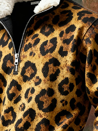 Men's Retro Leopard Print Casual Fur Collar Sweatshirt