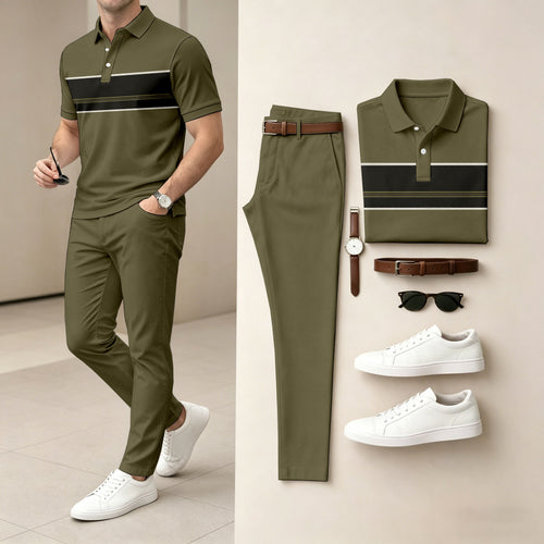 Men's Casual Green Printed Polo Shirt And Pants Two-Piece Set