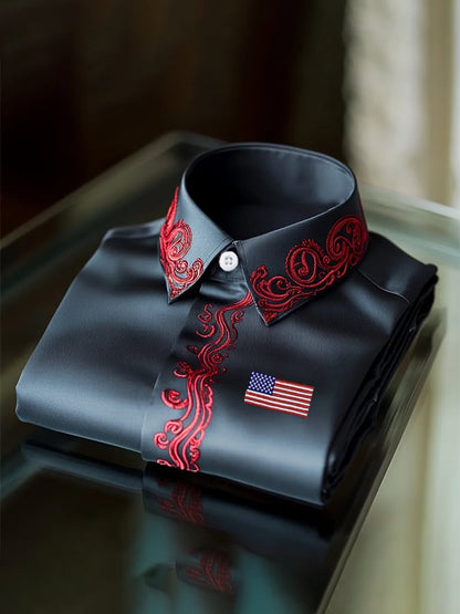Men's  Independence Day Flag Fashion Business Luxury Design Embroidery Long Sleeve Shirt