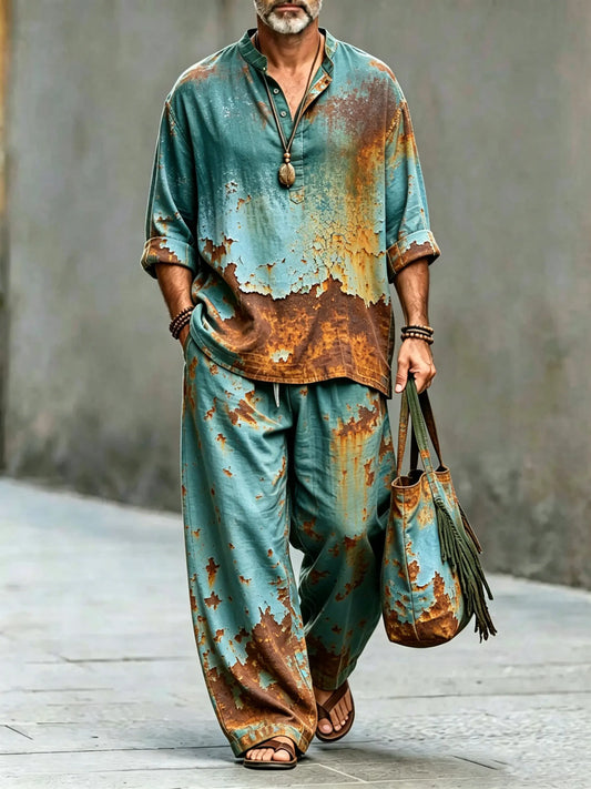 Men's Vintage Abstract Art Printed Cotton Shirt Set (Top & Pants)