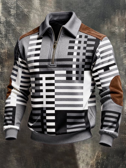 Men's Retro Color Block Print Color-Blocked Zip-Up Sweatshirt