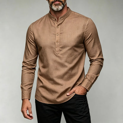 Men's Slim-Fit Shirt with Stand-Up Collar and Half-Open Front