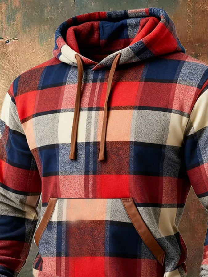 Men's Retro Plaid Contrast Color Hooded Sweatshirt
