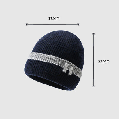 Men's Navy Blue Ribbed Knit Contrast Stripe Fold-Over Brim Fleece Lined Beanie Hat