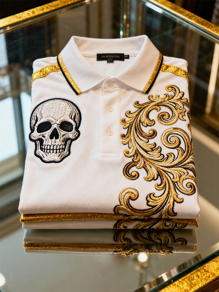 Men's Vintage Business Skull Long Sleeve Polo Shirt