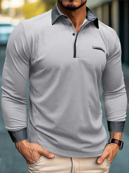 Men's Fashion Color Blocking Half Button Long Sleeve Polo Shirt