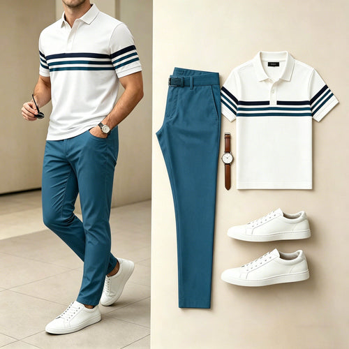 Men's Daily Double Horizontal Stripe Color Block Polo Shirt And Pants Two-Piece Set